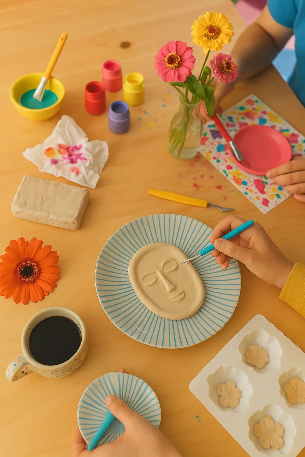 Paar bei kreativer Date-Idee: Sie gestalten eine Tonmaske mit DIY-Töpferset, umgeben von Blumen, Farben und Kaffee auf hellem Holztisch.