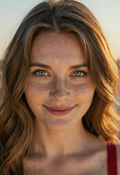 Junge Frau mit Sommersprossen und strahlendem Blick, begeistert von ihrem selbst gestalteten Keramikstück nach DIY-Töpferset-Session im warmen Abendlicht.